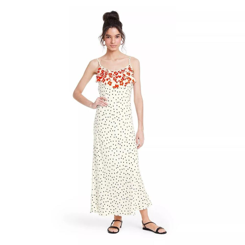 RIXO Cream Polka Dot Midi Dress with Red Floral Trim